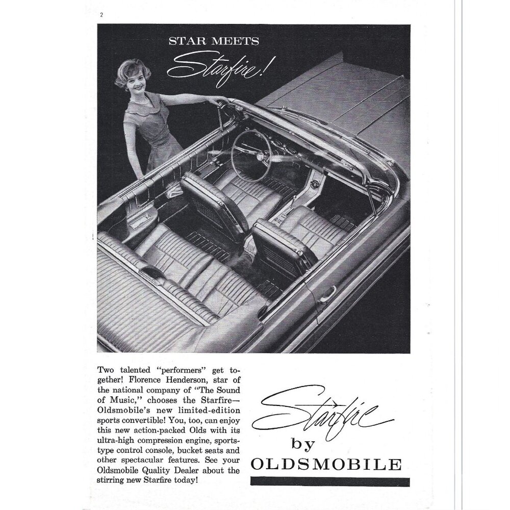 Florence Henderson Starfire Oldsmobile Luxury Convertible Advertisement 1960s Pr